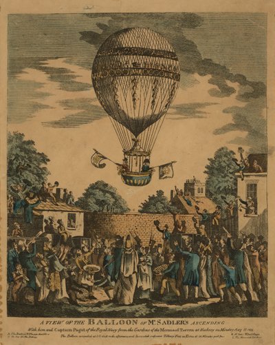 Una vista del pallone di Mr. Sadler che ascende con lui e il Capitano Paget della Royal Navy dai giardini della Mermaid Tavern a Hackney lunedì, 12 agosto 1811 da English School